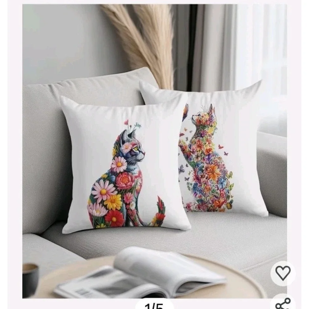 Colorful Floral Cat Pillow Covers 18X18, Gifts for Cat Lovers Mom Lady Owners
